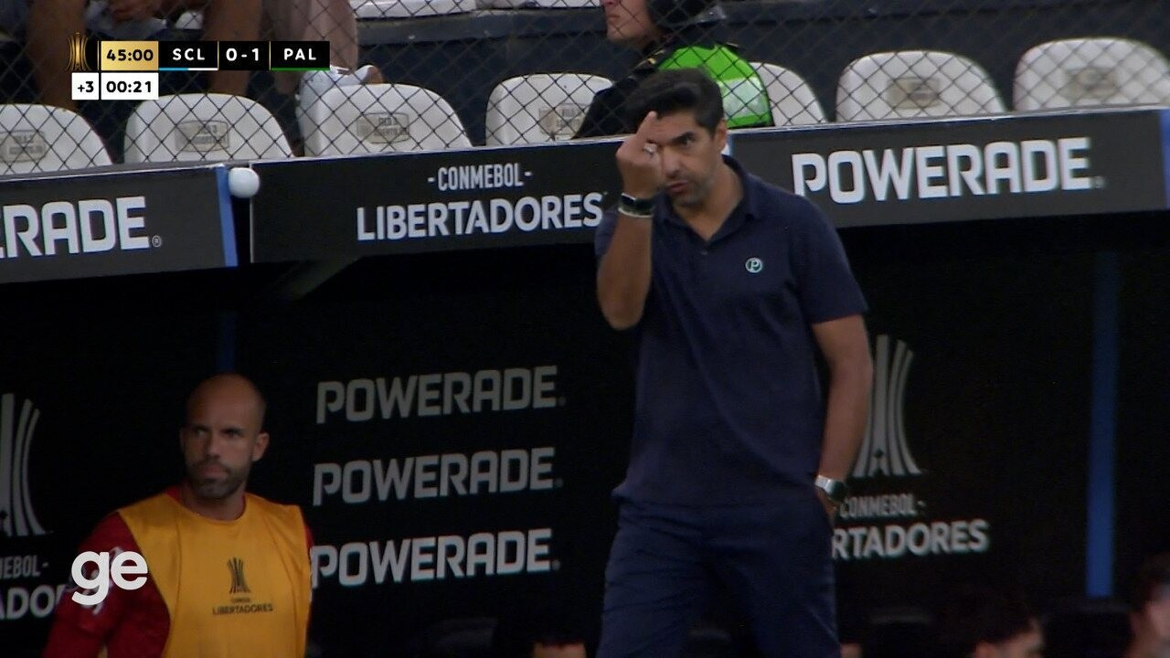 Abel Ferreira comemora e faz gesto durante partida
