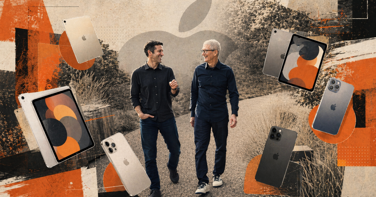 John Ternus e Tim Cook durante anúncio institucional