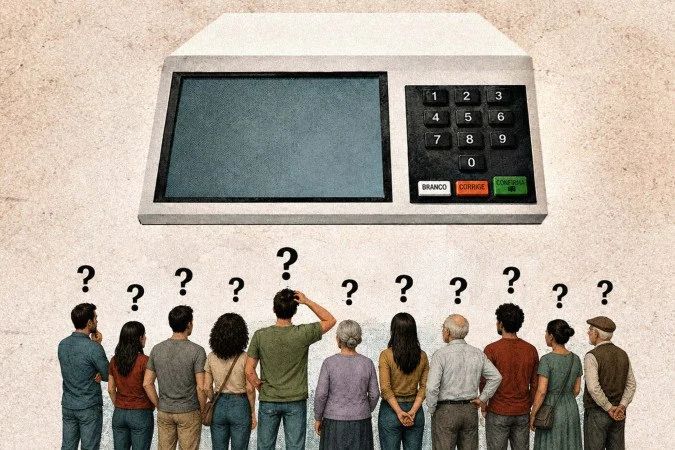 Eleitores na fila para votar em urna eletrônica