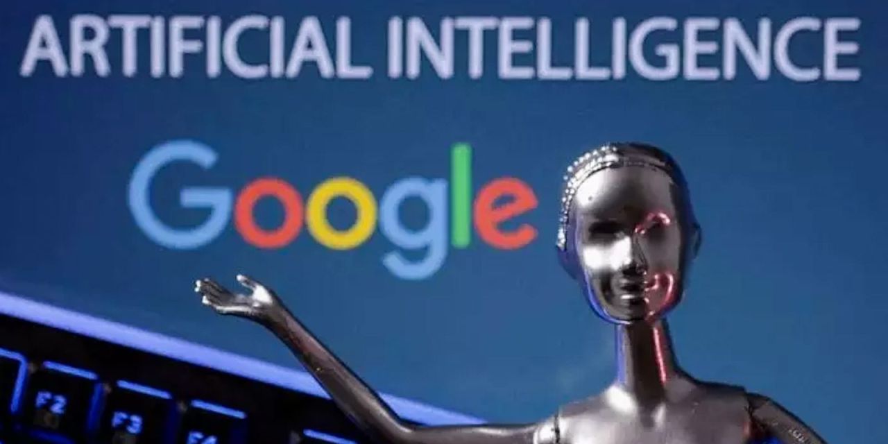 Página de portal de notícias sobreposta a ícone de inteligência artificial