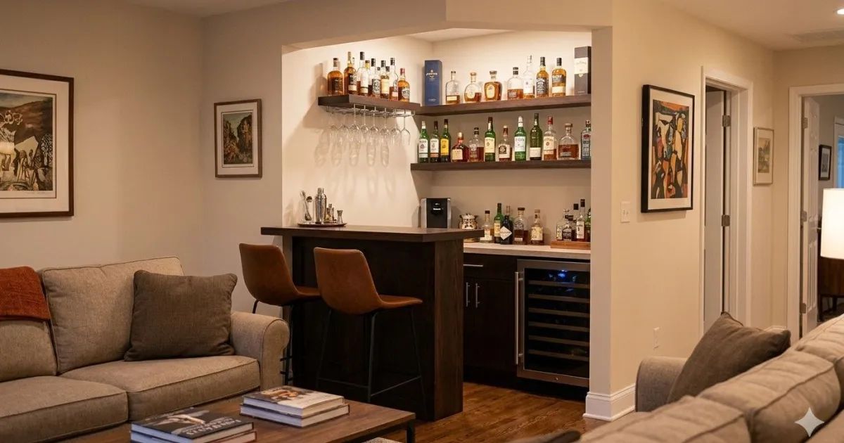 Bar integrado em apartamento com bancada, adega vertical e iluminação