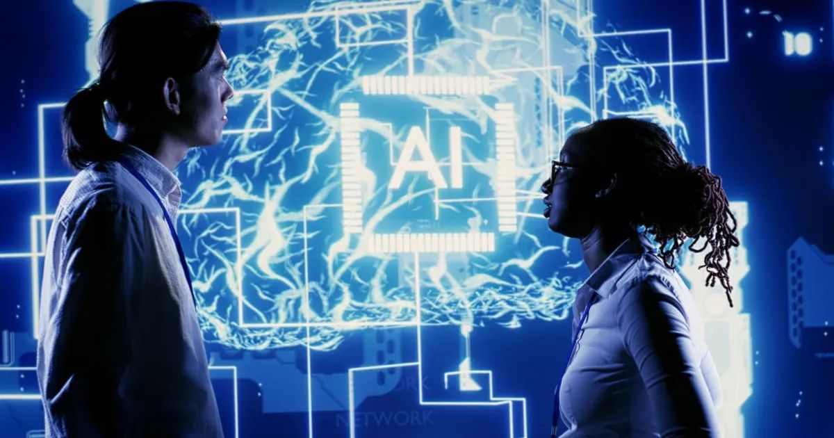 Profissional diante de telas exibindo gráficos e códigos relacionados à inteligência artificial