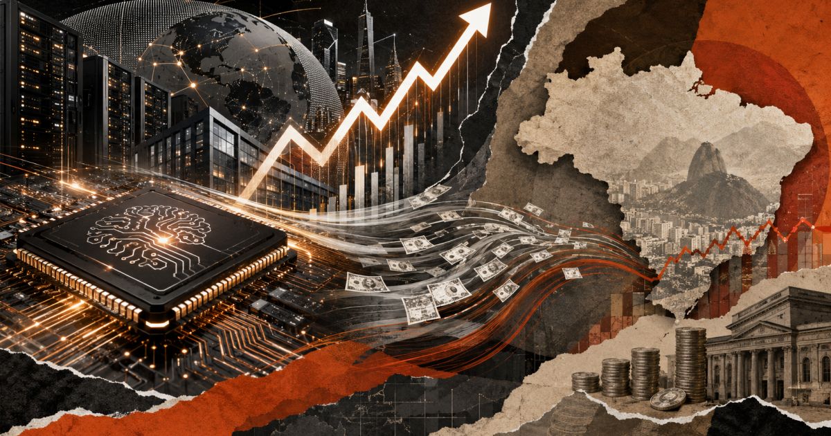 telões com cotações e investidores observando mercados