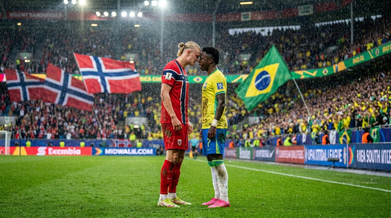 Vini Jr e Erling Haaland em campo
