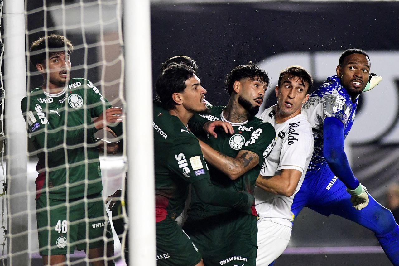 Jogadores do Palmeiras em disputa de bola contra o Santos