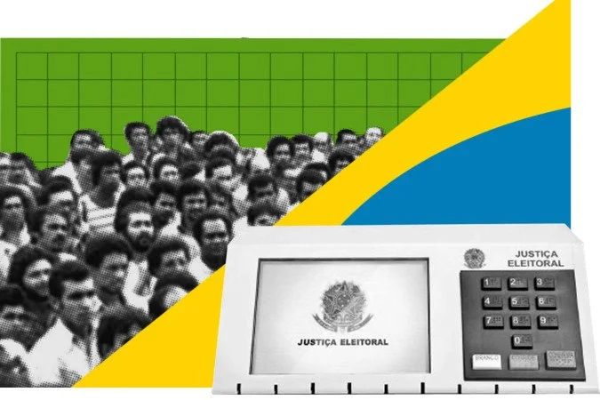 Eleitor entrega celular ao mesário antes de votar