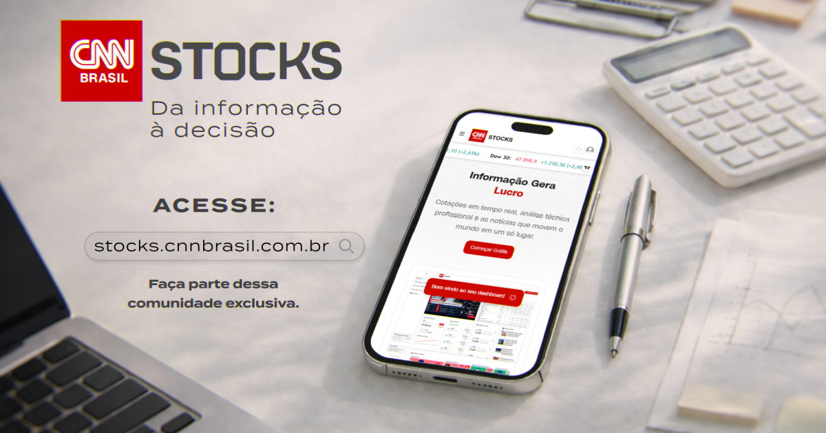 Interface do CNN Stocks mostrando dashboard modular e gráficos de mercado