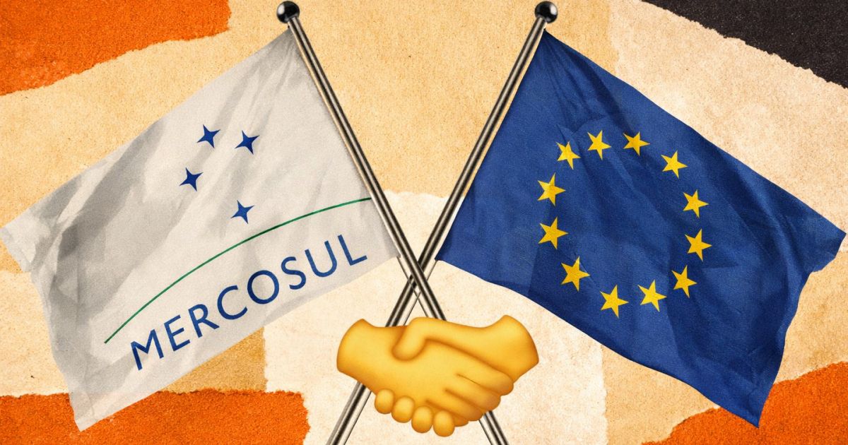 Porto com contêineres e bandeiras do Brasil e da União Europeia