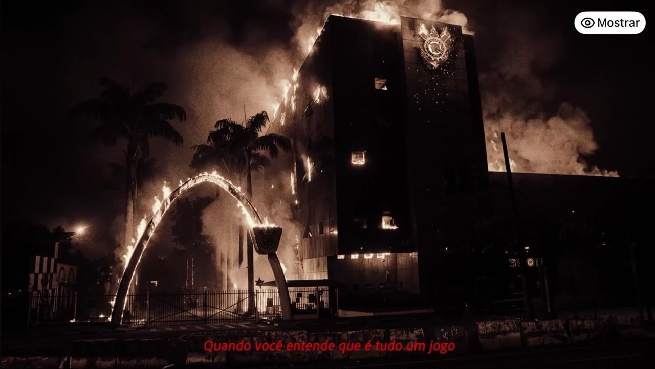 Frame do videoclipe com Parque São Jorge em chamas