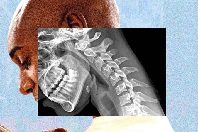 Pessoa inclinada olhando para o celular com o pescoço curvado