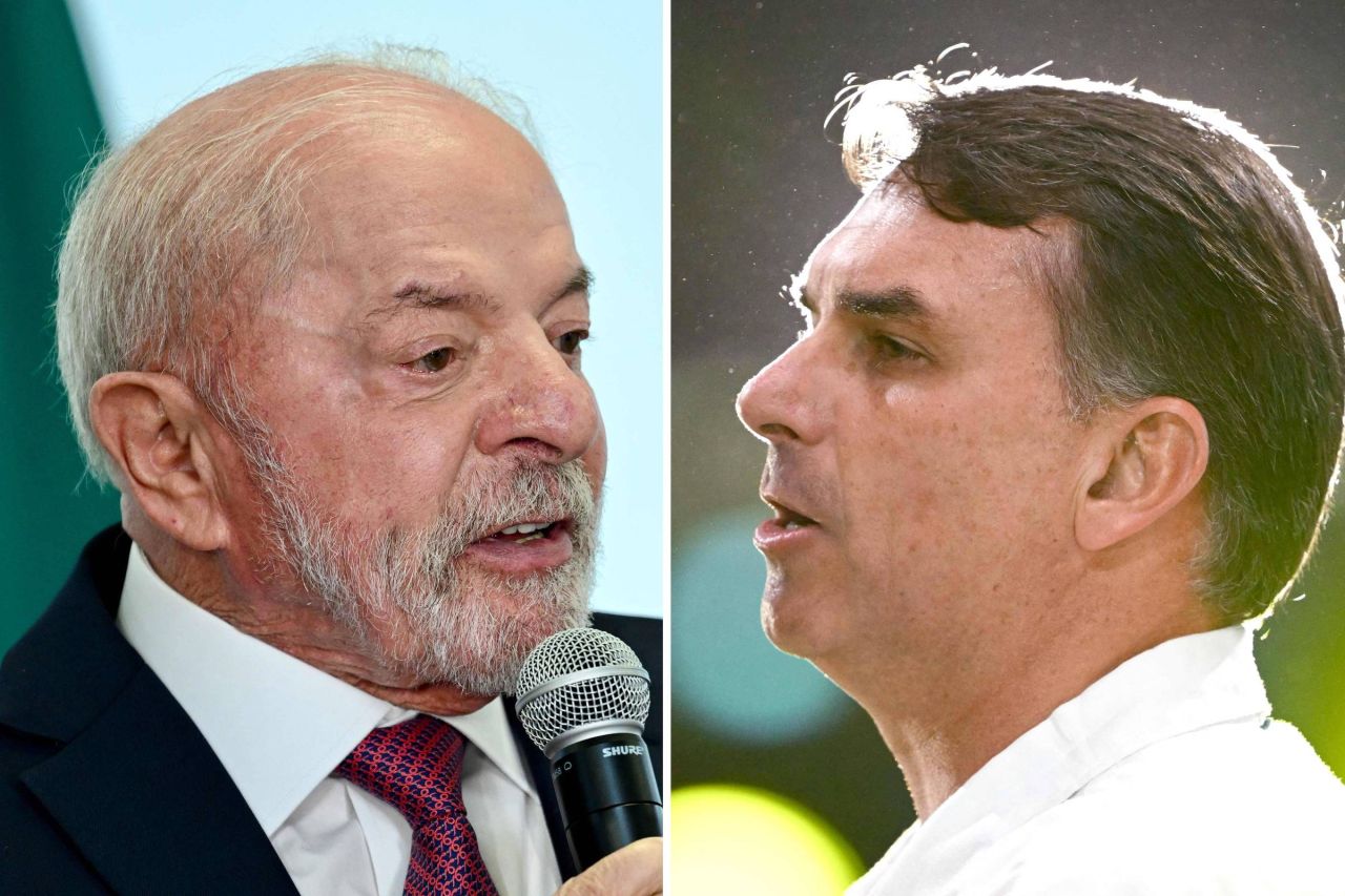 Retratos de Lula e Flávio Bolsonaro lado a lado
