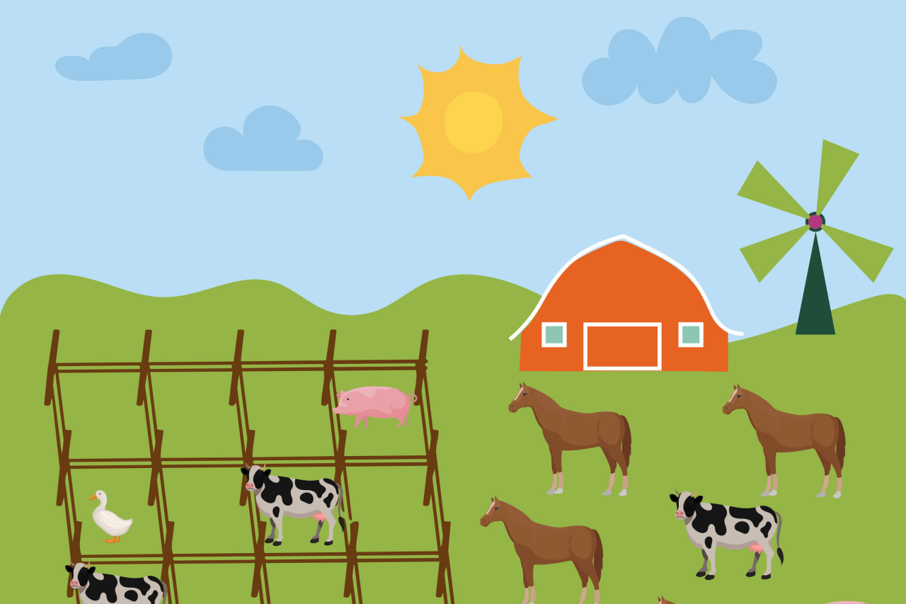 Grade 4 por 4 representando curral com quadrantes vazios e animais