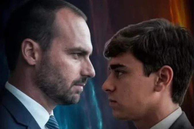 Montagem de vídeo com rostos de Eduardo Bolsonaro e Nikolas Ferreira