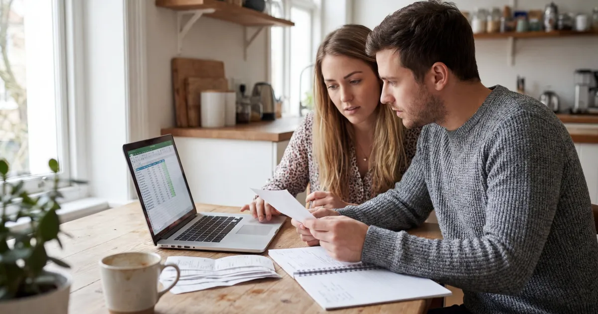 Planilha de orçamento e moedas indicando controle financeiro