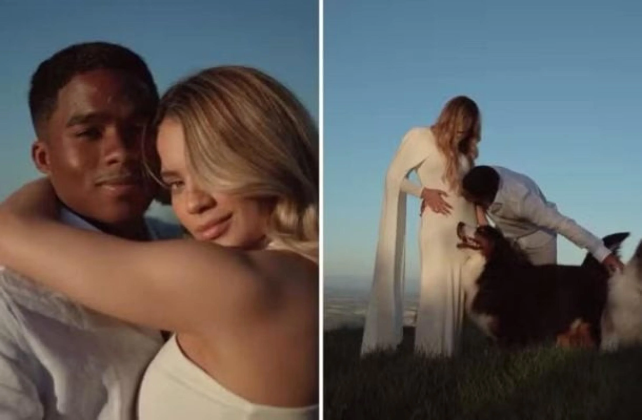 Endrick e Gabriely Miranda posam em ensaio ao ar livre com seus dois cães