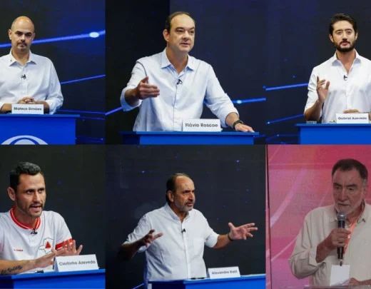 candidatos de frente para câmera durante programa eleitoral na TV