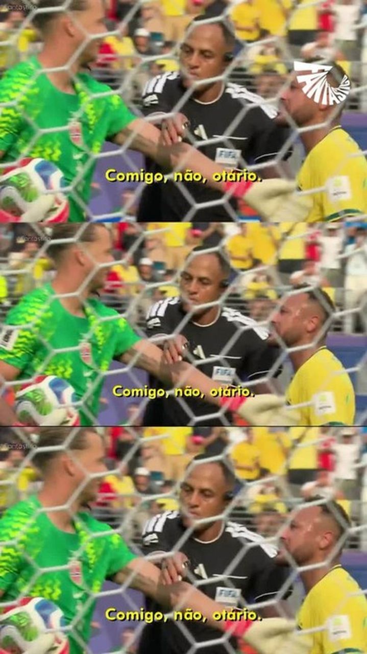 Neymar gesticulando em direção ao goleiro Nyland durante partida Brasil x Noruega