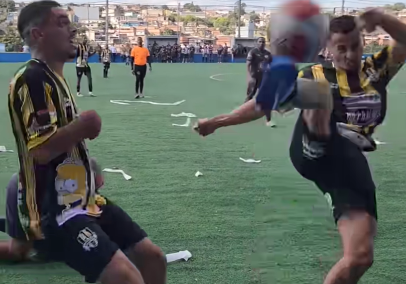 Jogadores do Resenha Forte celebrando a vitória polêmica na final da Copa Jaime contra o Ressaca, com arbitragem ao fundo após encerramento antecipado da partida.