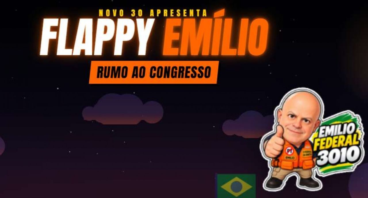Tela do jogo Flappy Emílio com personagem desviando de obstáculos