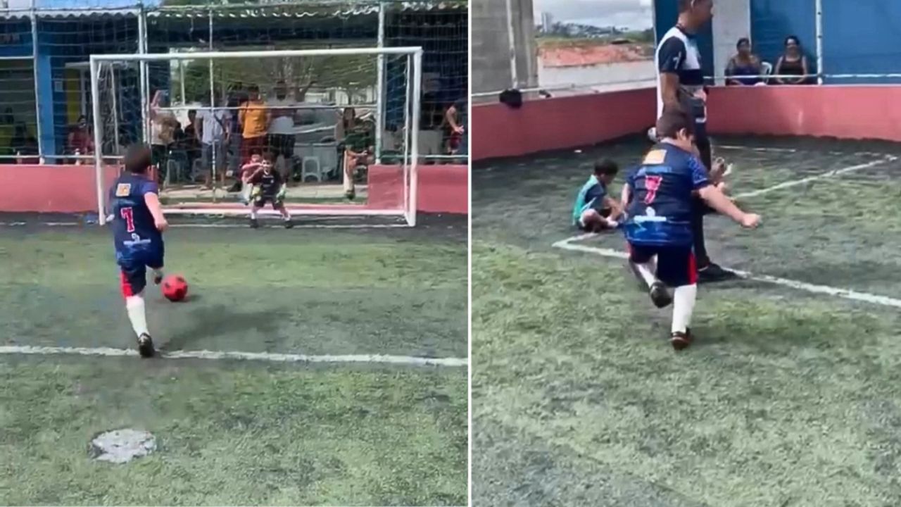 Criança realizando comemoração após gol