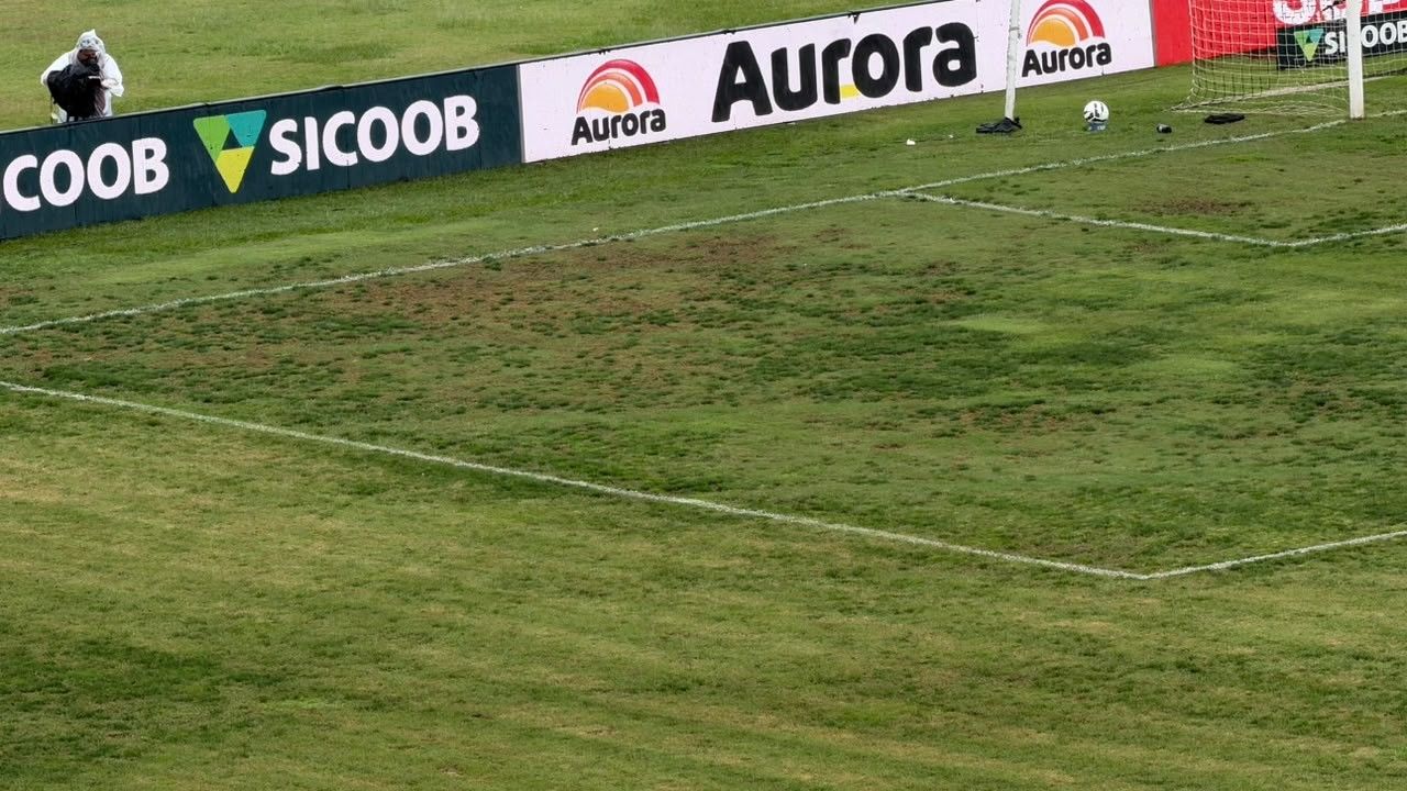 Gramado danificado no estádio Moisés Lucarelli