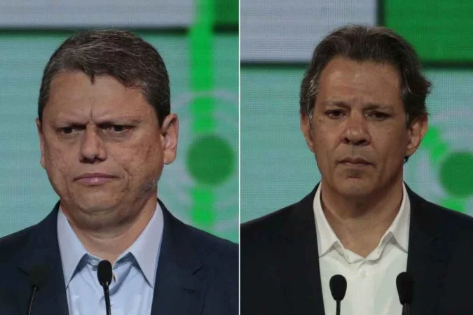 Fernando Haddad e Tarcísio de Freitas em atos de campanha