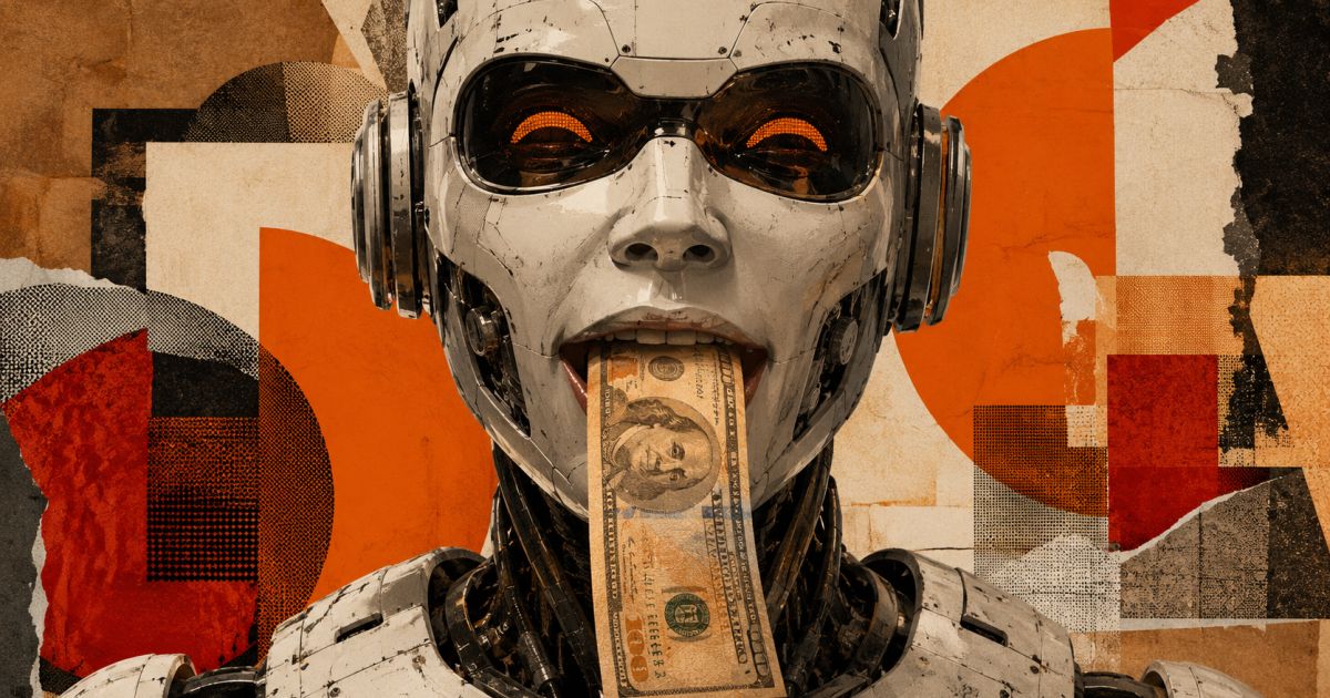 Tela com gráficos financeiros e ícone representando inteligência artificial