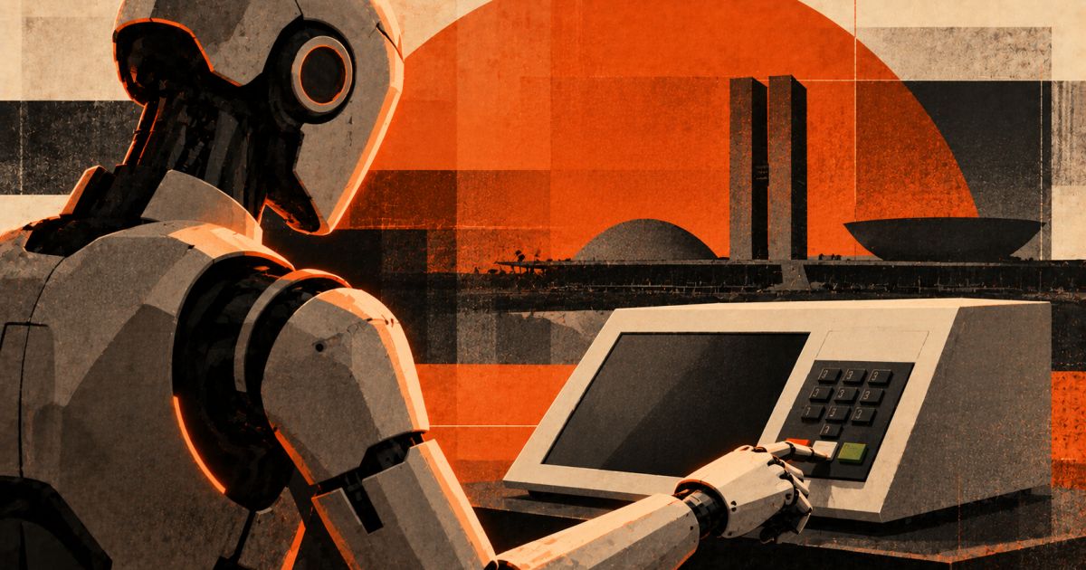Representação de inteligência artificial interagindo com urna eletrônica