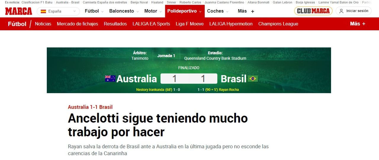 Recorte de publicações espanholas sobre o empate Brasil e Austrália