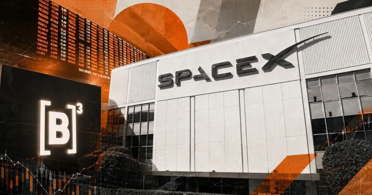 Logotipo da SpaceX e tela com cotações de mercado