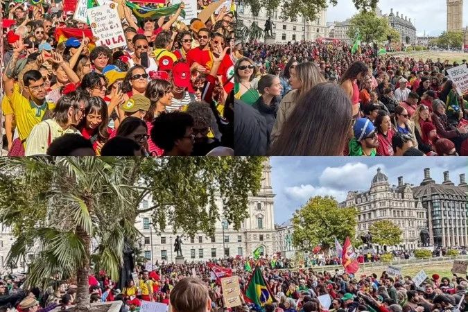 Manifestantes pró-Lula reunidos em uma praça no exterior