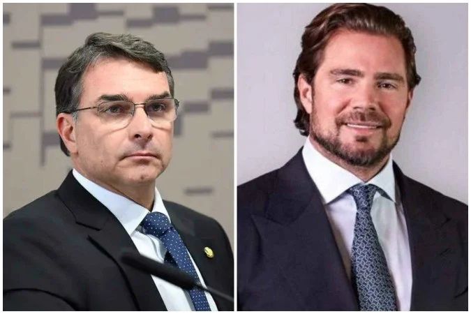 Frame de vídeo manipulado por IA mostrando Flávio Bolsonaro com Daniel Vorcaro