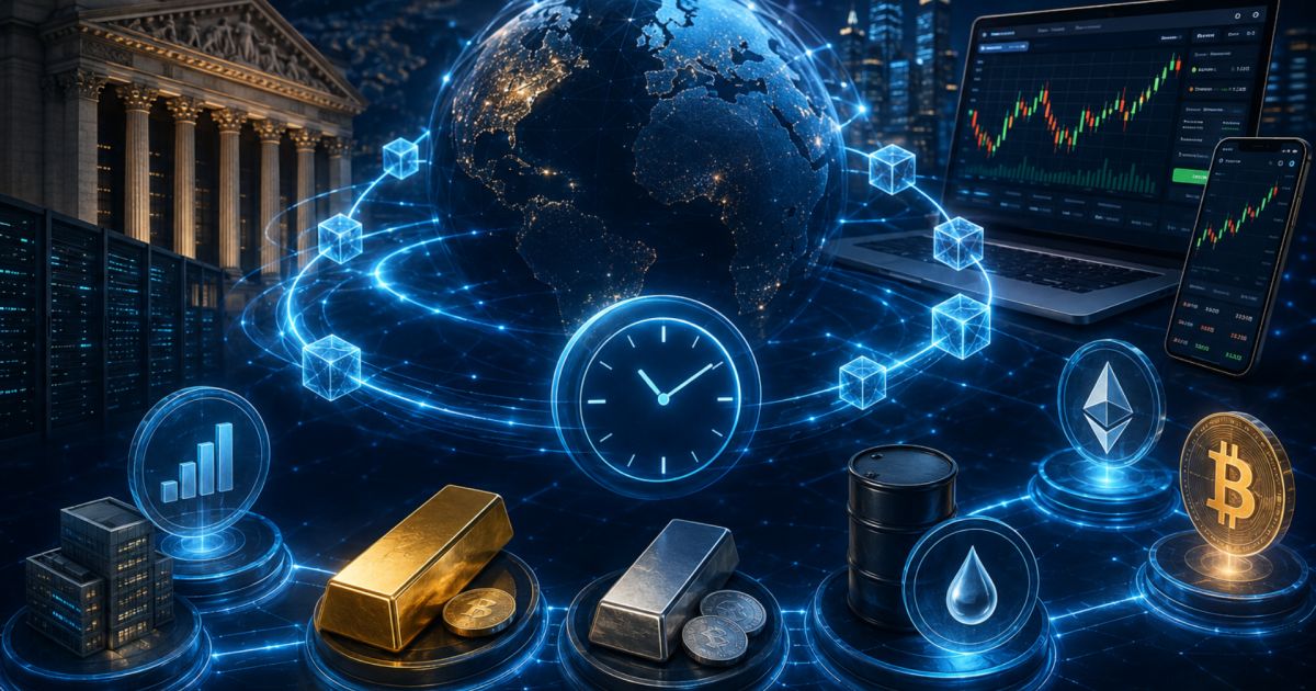 Tela com gráficos financeiros e símbolo de blockchain