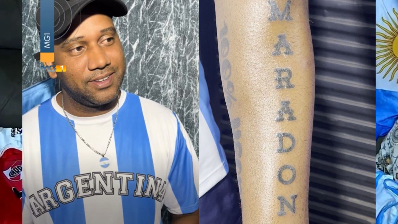 Leandro, torcedor de Uberaba, com tatuagem de Maradona no braço direito