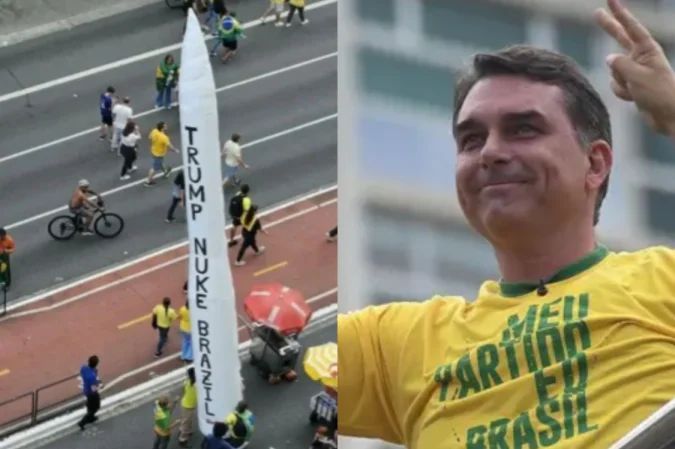 Míssil inflável com a frase 'Trump, nuke Brazil' em manifestação na Avenida Paulista