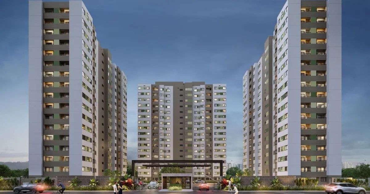fachada de empreendimento MRV com jardim e paleta de cores inspirada em bioma