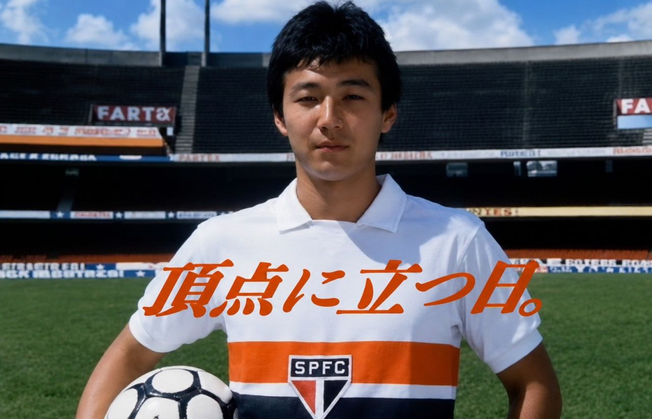 Musashi Mizushima com a camisa do São Paulo em propaganda dos anos 80