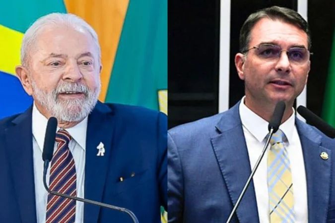 Montagem com fotografias de Lula e Flávio Bolsonaro