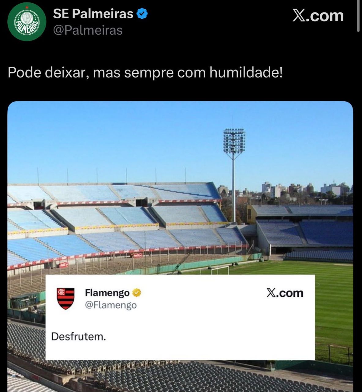 Publicação do Palmeiras nas redes sociais provocando o Flamengo