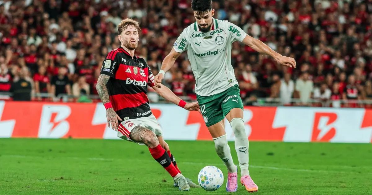 Jogadores de Palmeiras e Flamengo disputam bola em campo