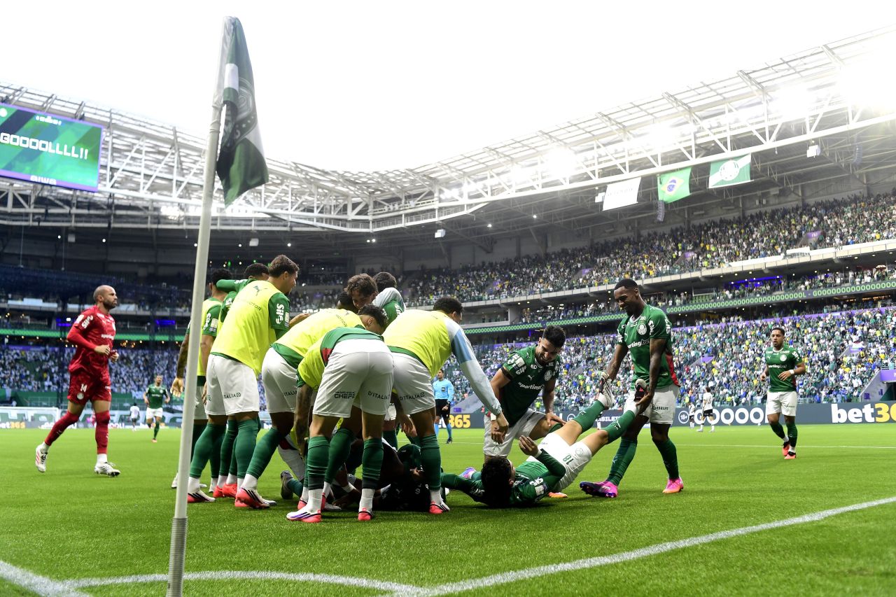 Jogadores do Palmeiras comemoram gol durante partida contra o Vasco