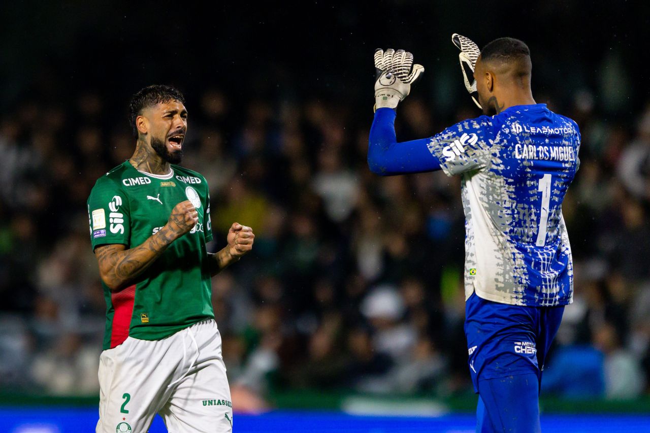 Jogadores do Palmeiras comemoram gol no Couto Pereira