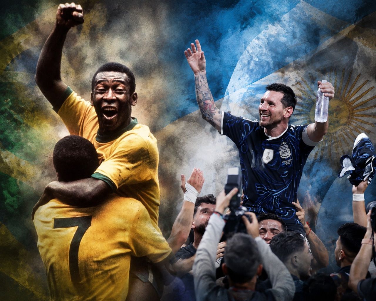 Montagem com Pelé e Messi frente a frente