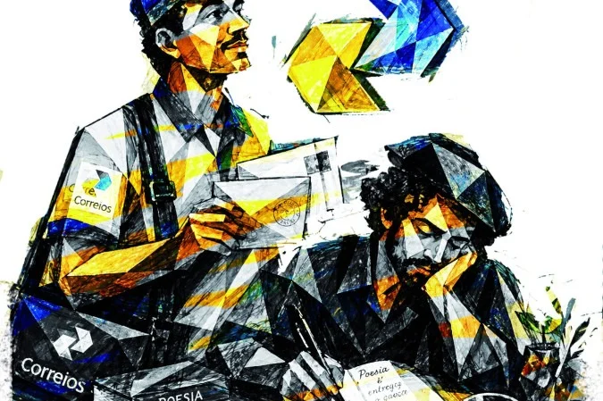 Balcão de atendimento dos Correios com fila e cartas