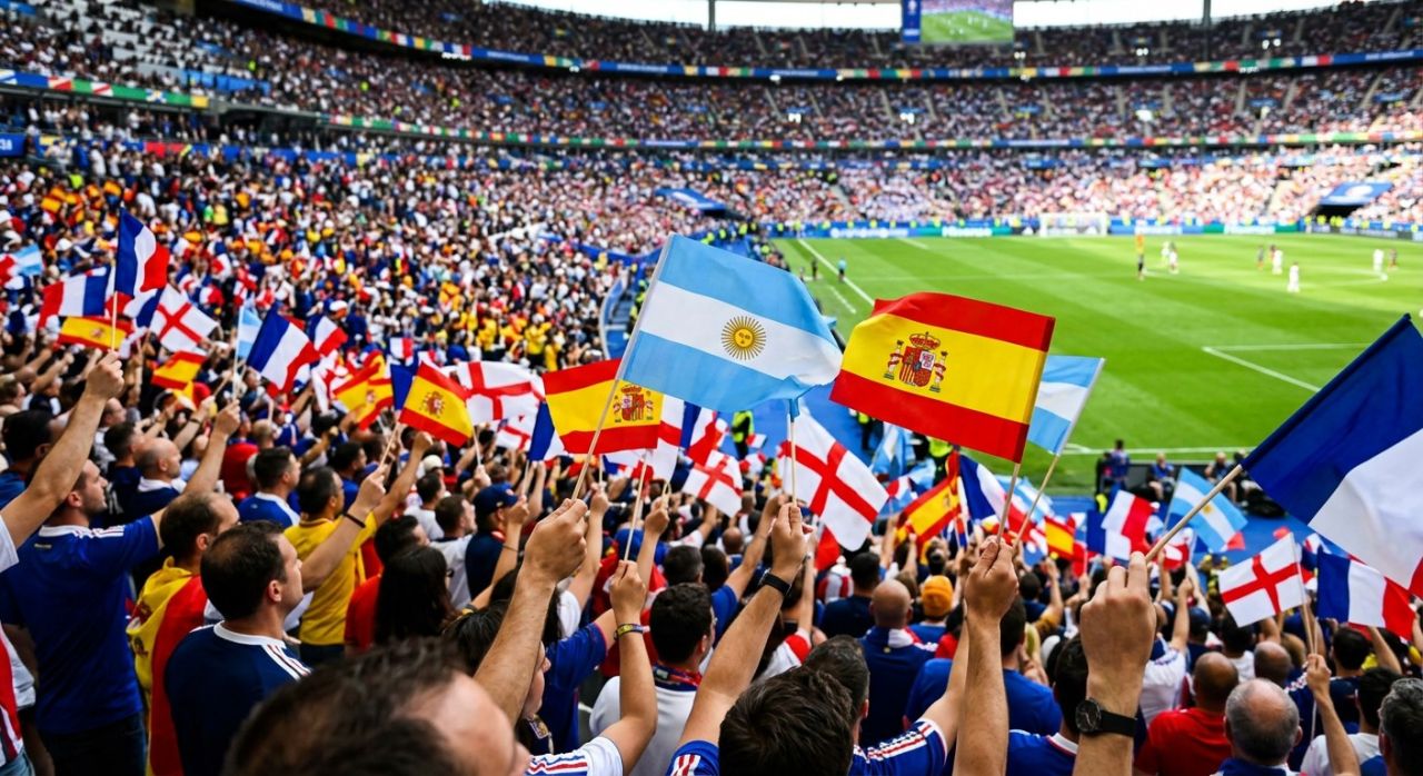 Jogadores de França, Espanha, Inglaterra e Argentina em campo