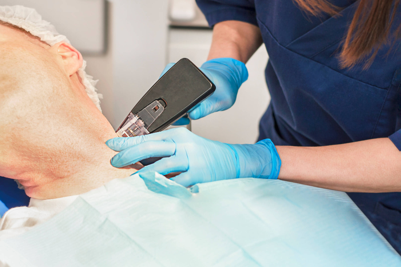 Paciente masculino em consultório antes de procedimento estético