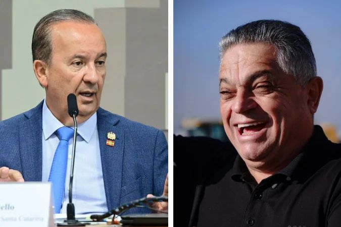 Jorginho Mello em evento e resultado de pesquisa Quaest em Santa Catarina
