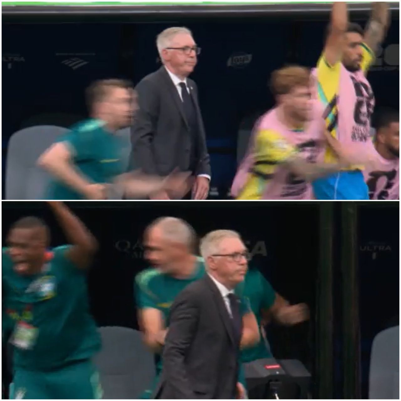 Carlo Ancelotti observa sem comemorar durante jogo do Brasil