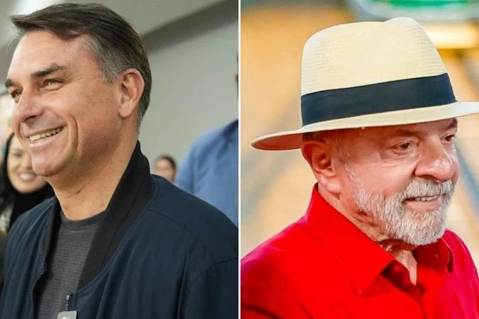 Gráfico da pesquisa Real Time com fotos de Flávio Bolsonaro e Lula