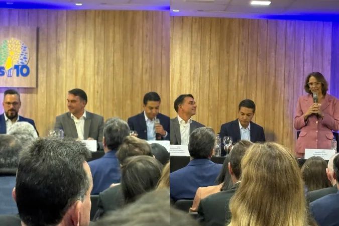 Marcos Pereira e Flávio Bolsonaro durante anúncio de apoio do Republicanos